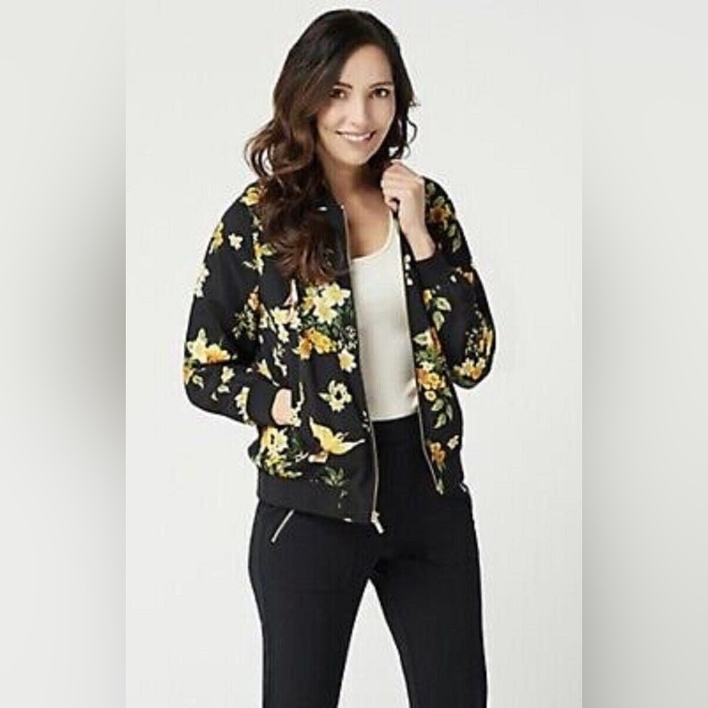 Susan Graver Bird Floral Print Bomber Jacket in Black/Yellow, Women's Small - Picture 2 of 8